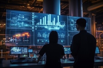 Aufkleber - Generative AI : Male and female Asian engineers are using modern computer interface About refineries and the oil industry