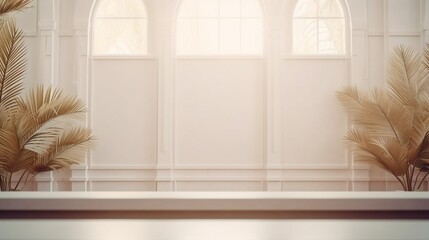 Aufkleber - Generative AI : Abstract white studio background for product presentation. Empty room with shadows of window and flowers and palm leaves . 3d room with copy space. Summer concert. Blurred backdrop.
