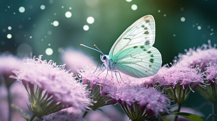 Wall Mural - Close up butterfly on pink flower on green blurred background