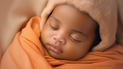 Sleeping african american baby on orange background