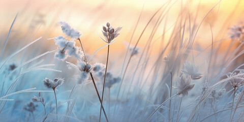 Wall Mural - Snowflakes frost on grass with brown lupine, herbs and wheat field