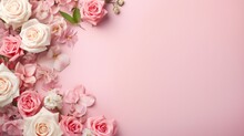 Valentine's Day With Flowers And Pink Background AI Generated Image