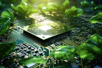 Green power technology electronic circuit board with processor in the computer network background