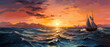 Sailing boat in the sea at sunset. Digital oil color painting.

