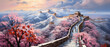 Panorama of the Great Wall in Beijing at sunset. Digital oil color painting.
