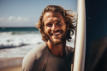 Sticker - Smiling portrait of a happy male caucasian surfer in California on a beach