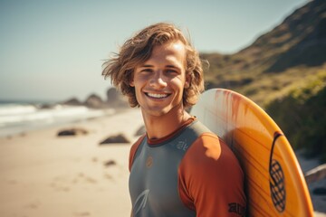 Sticker - Smiling portrait of a happy male caucasian surfer in California on a beach