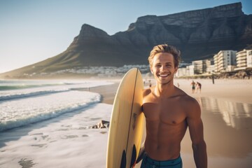 Sticker - Smiling portrait of a happy male caucasian surfer on a sandy beach