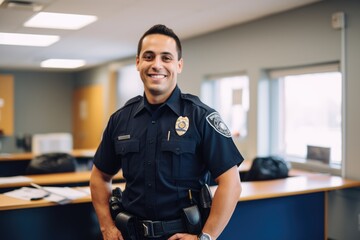 Smiling portrait of a happy male caucasian police officer in a police station in the USA