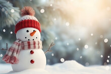 Cute Small Snowman With Hat And Scarf In A Forest