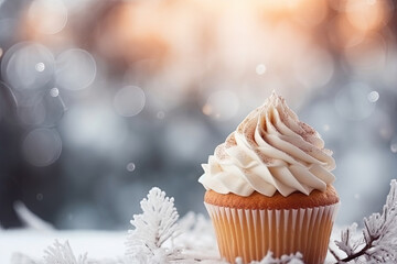 Cupcake on wooden table, winter background