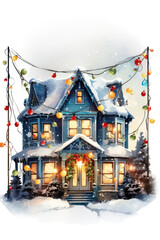 christmas lights outlining a house vintage illustration isolated on a transparent background, generative ai