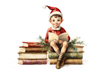 Elf On A Shelf Sitting On Stacked Christmas Books Vintage Illustration Isolated On A Transparent Background, Generative Ai