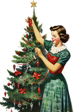 Family Decorating The Christmas Tree Together Vintage Illustration Isolated On A Transparent Background, Generative Ai