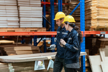 Two male and female employees are checking cardboard boxes in a warehouse for an export business.