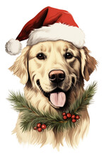 Golden Retriever With Antlers By The Christmas Tree Vintage Illustration Isolated On A Transparent Background, Generative Ai