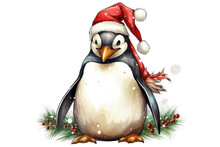 Happy Penguin Wearing A Santa Hat Vintage Illustration Isolated On A Transparent Background, Generative Ai