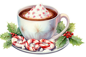 Canvas Print - hot cocoa with mini marshmallows and candy cane vintage illustration isolated on a transparent background, generative ai