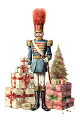 Wall Mural - nutcracker soldier standing next to a pile of wrapped gifts vintage illustration isolated on a transparent background, generative ai