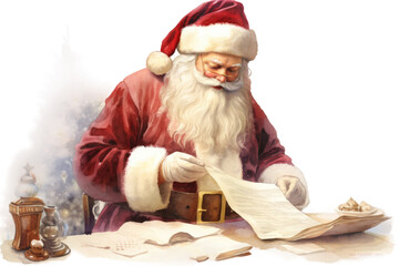 Wall Mural - santa claus checking his list vintage illustration isolated on a transparent background, generative ai