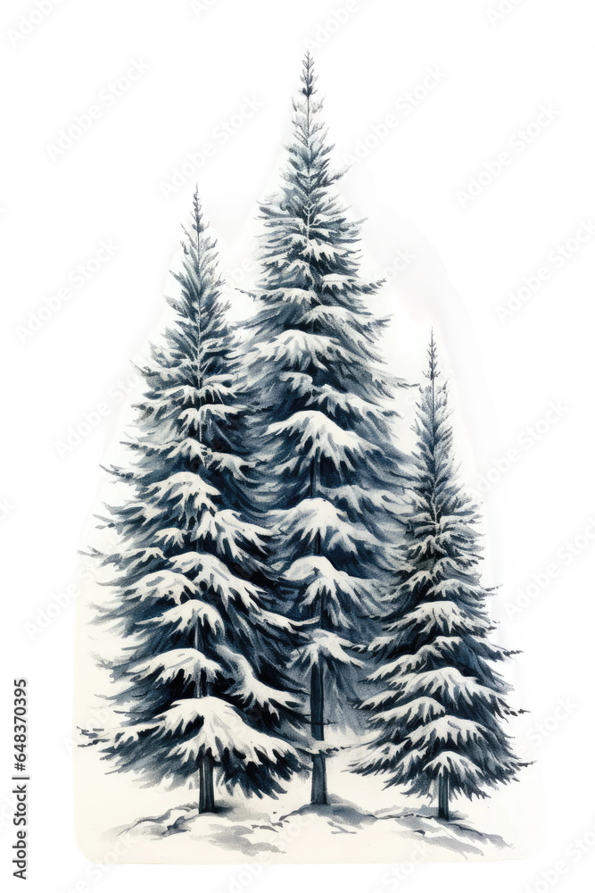 snow covered pine trees vintage illustration isolated on a transparent ...
