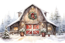 Snowy Barn With Wreath On Doors And Lit Christmas Tree Vintage Illustration Isolated On A Transparent Background, Generative Ai