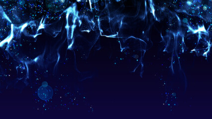 Wall Mural - blue glitter particles dynamic flow and dust with copy space abstract background.