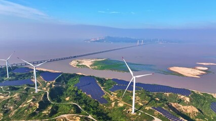 Wall Mural - Aerial photography of outdoor solar wind power scene on the mountain