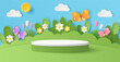 Paper cut of field of flowers and butterfly on blue sky background with white and green cylinder podium for your products display presentation.