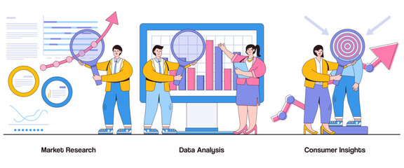 Poster - Market research, data analysis, consumer insights concept with character. Market intelligence abstract vector illustration set. Trend identification, market opportunities, strategic decision-making