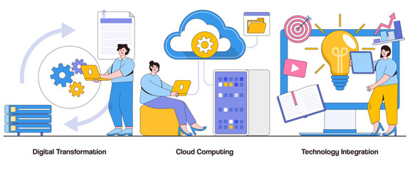 Poster - Digital transformation, cloud computing, technology integration concept with character. Digital innovation abstract vector illustration set. Business agility, data-driven decisions metaphor