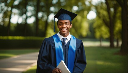 Sticker - Graduation success of happy african american student - handsome young man, blue cap, bokeh nature background