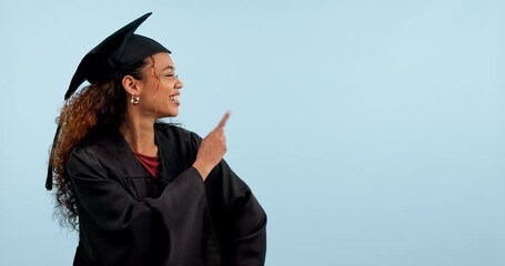 Sticker - Happy woman, college student and graduate point at studio scholarship offer, school presentation news or ads promo. Mockup space, education portrait and person learning information on blue background