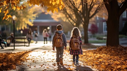 boy and girl with backpacks walking in autumn park