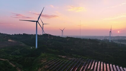 Wall Mural - Aerial photography of outdoor solar wind power scene on the mountain