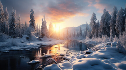 Poster - Beautiful winter landscape with a river in the middle and lots of snow on the trees