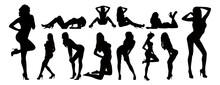 Vector Detailed Silhouettes Set Of Beautiful Sexy Women Various Lying, Sitting And Standing Poses Isolated On White Background.