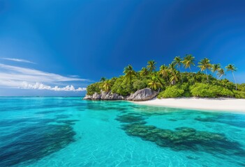 Wall Mural - An island paradise with clear blue water and palm trees.