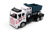 Toy truck with trailer transports dumper on white background.