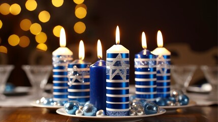 Wall Mural - Hanukkah festive celebration concept, glow of the menorah with shining candles and star