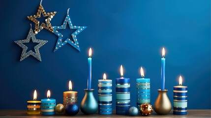 Wall Mural - Hanukkah festive celebration concept, glow of the menorah with shining candles and star