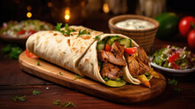 Delicious Shawarma Served On Wooden Board On Table In Cafe. Grilled Pita Wrapping Chicken Meat And Fresh Vegetables With Sauce. Healthy Food. Generetive Ai