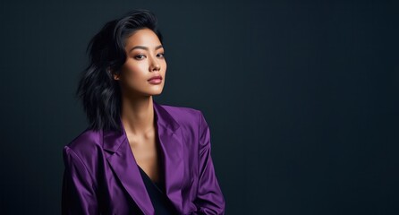 Wall Mural - asian woman in purple blazer standing in studio dark background