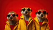 Group of Meerkat wear sunglasses, vibrant bright fashionable outfits isolated on red background. Creative animal concept. Generetive Ai
