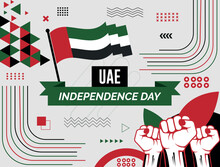 UEA National Day Banner With Map, Flag Of United Arab Emirates  Colors Theme Background And Geometric Abstract Retro Modern Colorfull Design With Raised Hands Or Fists.
