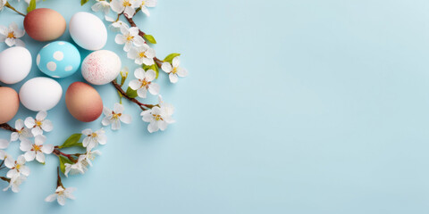 Colorful Easter eggs with spring blossom flowers on soft blue background. Top view