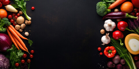 Fresh vegetables on black background. Variety of raw vegetables. Colorful various herbs and spices for cooking on dark background, copy space, banner