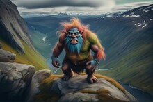 A Scary Troll Standing In A Mountainous Area, Norwegian Mythology.