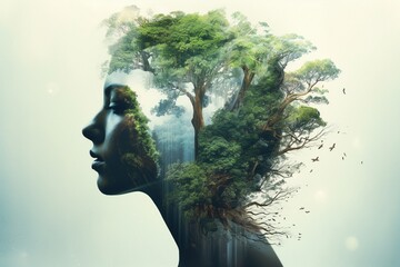 Beautiful woman's head with nature, trees and waterfall