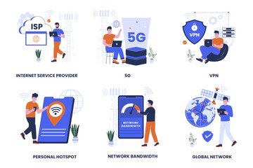 Internet network illustration collection set. Internet service provider, 5g network, virtual private network, network bandwidth, public netwok, personal hotspot. Flat design illustration